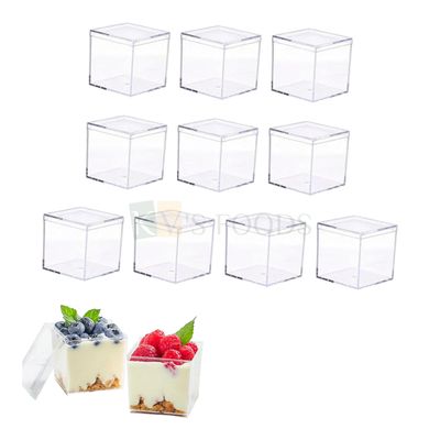 10 PCS Acrylic Square Cube Cake Tub Container Clear Storage Boxes With Lids (Size 2.9 x 2.9 Inch, Height 2.9&quot;) Capacity ~ 280 ML Minto Box For Candy Ice-Cream Cakes Chocolates, Mousse Desserts Pudding