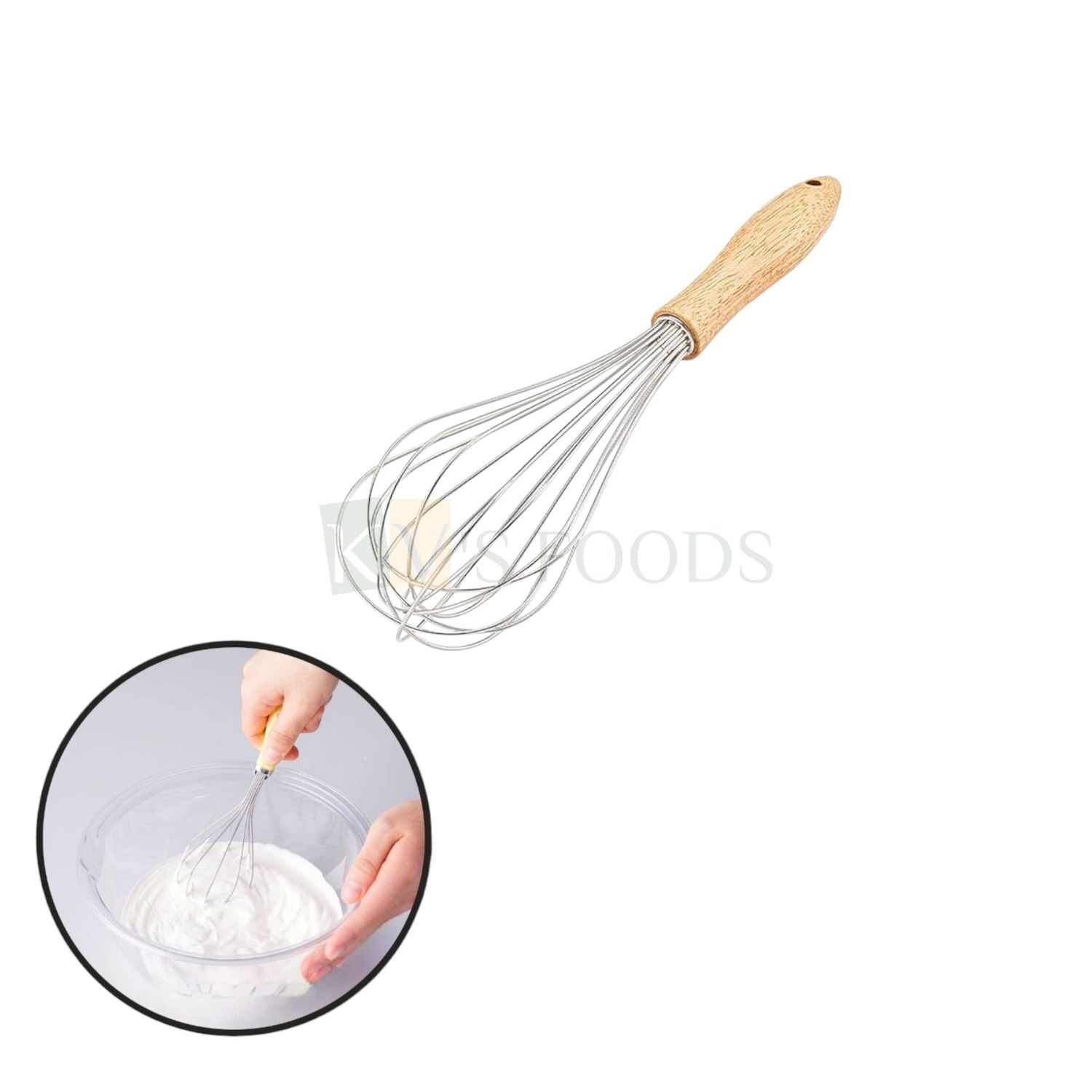 1 PC Multipurpose Stainless Steel Silver Whisker Beater, Egg Whisk, Balloon Shape Wire Manual Whisk, Wooden handle, For Kitchen Tools Whipping Cream, Mixing Batter, for Blending, Whisking, Stirring