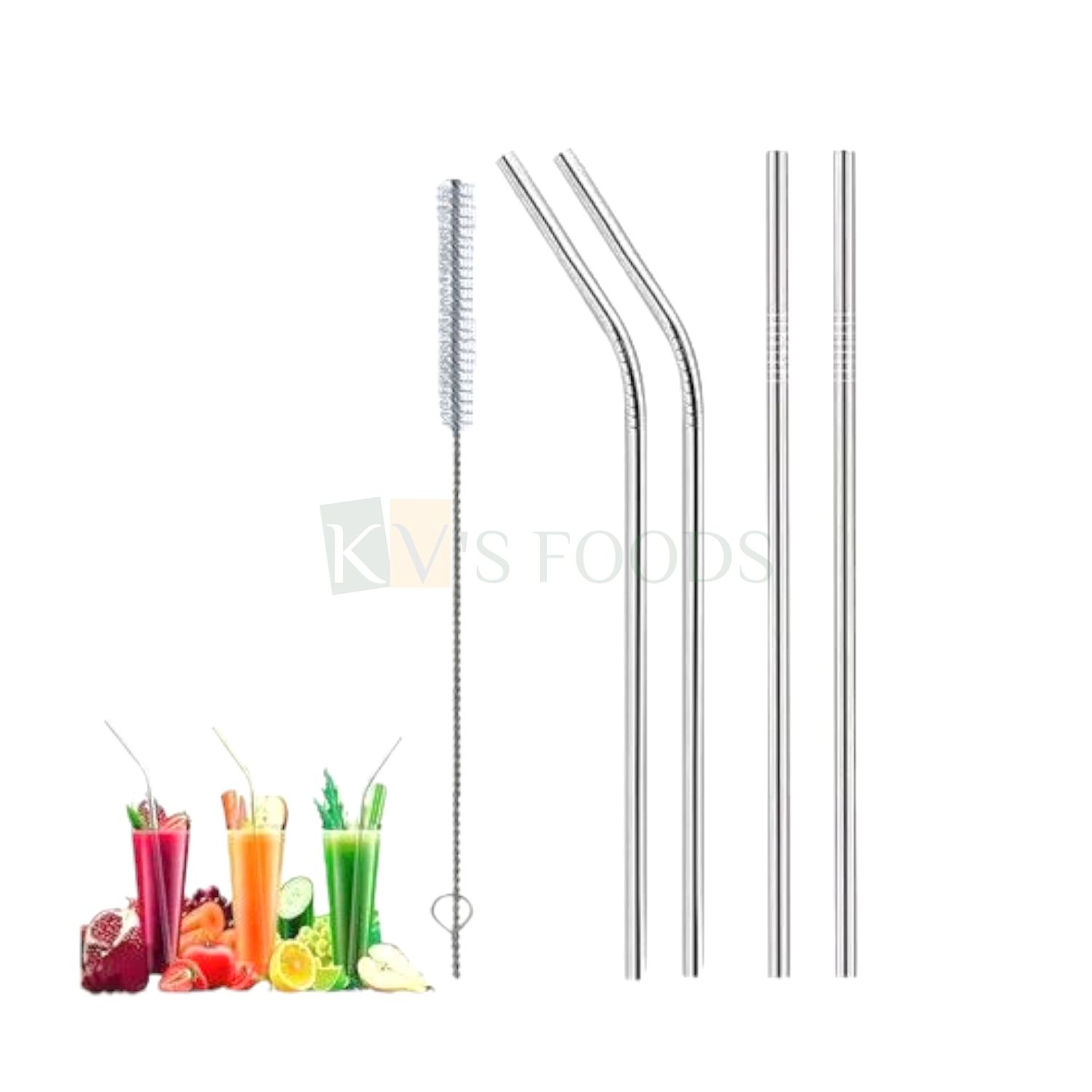 5PCS Stainless Steel Steel Metal Straws - 2 Straight &amp; 2 Bent Straw and Brush for Cleaning Straws, Drinking Smoothies, Juices, and Beverages, Straw for Kids, Reusable, Sipper Kitchen Accessories Tools