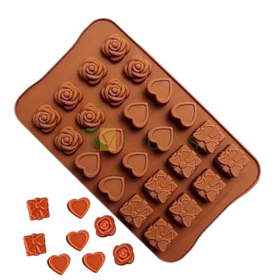 24 Cavity Heart, Rose, Gift Box Mix Design Silicon Chocolate Mould, Sugar Craft, Cake Decoration Insert, Cake Toppers, Dessert, Jelly, Gummy, Garnishing, Candy Pralines, Fondant, Baking DIY Food Decor