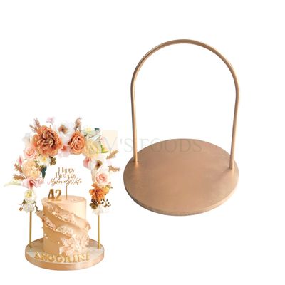 1 PC Golden Colour Height 16.5 Inch Iron Metallic U Shape  Arch Cake Stand, Wooden Round Base, Server For Wedding, Anniversary, Tiered Layered Cakes, Centerpiece Tableware Metal Stand Cake Decorations