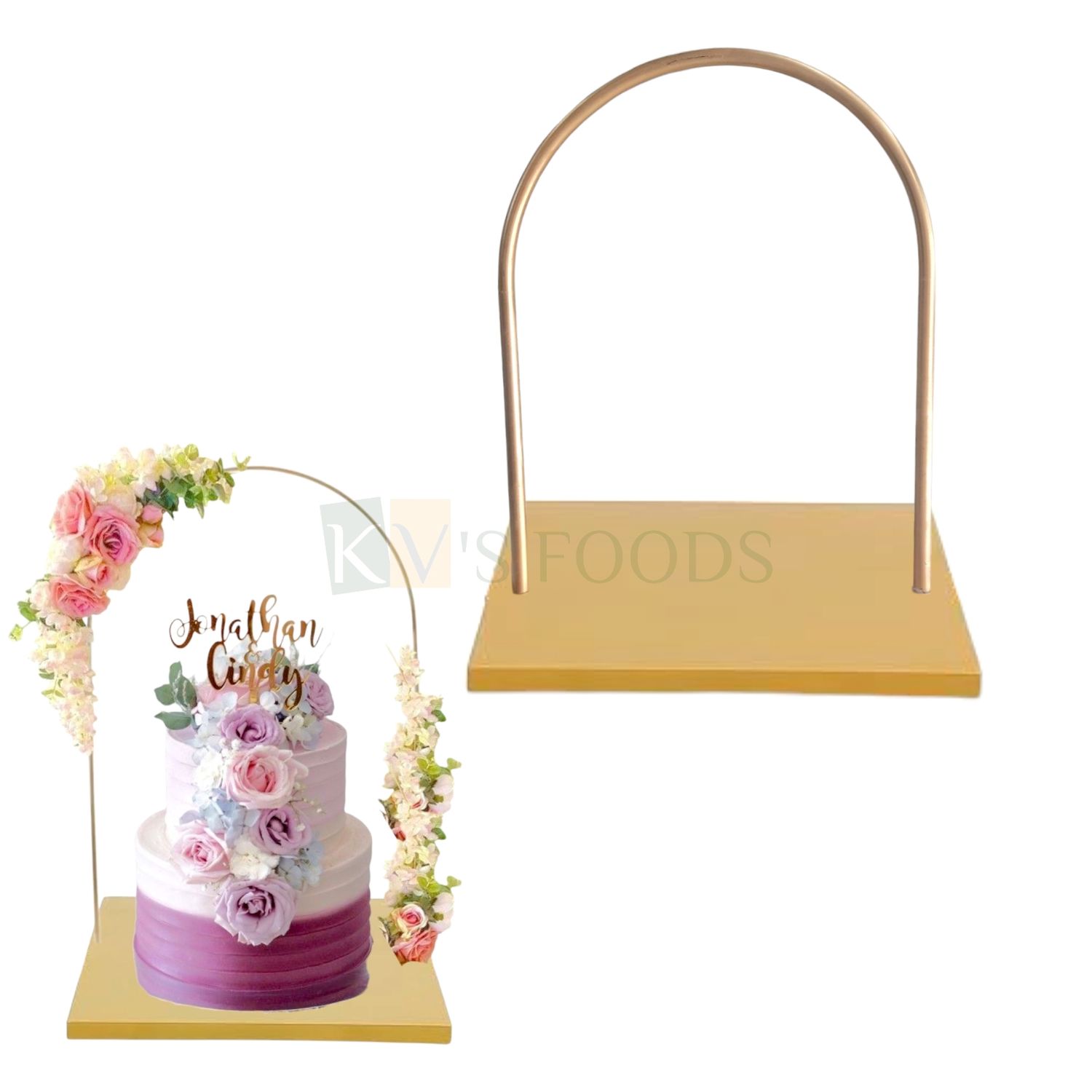 1 PC Golden Colour Height 16 Inch Iron Metallic U Shape  Arch Cake Stand, Wooden Square Base, Server For Wedding, Anniversary, Tiered Layered Cakes, Centerpiece Tableware Metal Stand Cake Decoration