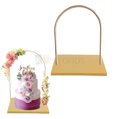 1 PC Golden Colour Height 16 Inch Iron Metallic U Shape  Arch Cake Stand, Wooden Square Base, Server For Wedding, Anniversary, Tiered Layered Cakes, Centerpiece Tableware Metal Stand Cake Decoration