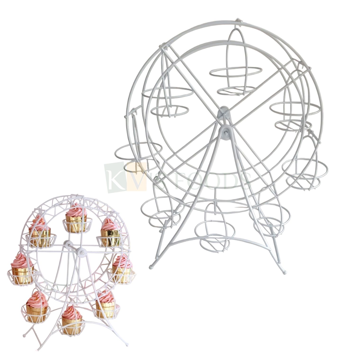 1 PC White Height 16.1 Inch Metal Ferris Wheel 8-Cupcakes Stand,  Manual Rotating Pinwheel Cupcake/Muffins Holder, Rotatable Frame Display Holder, Dessert Serving for Weddings, Birthday, Baby Shower