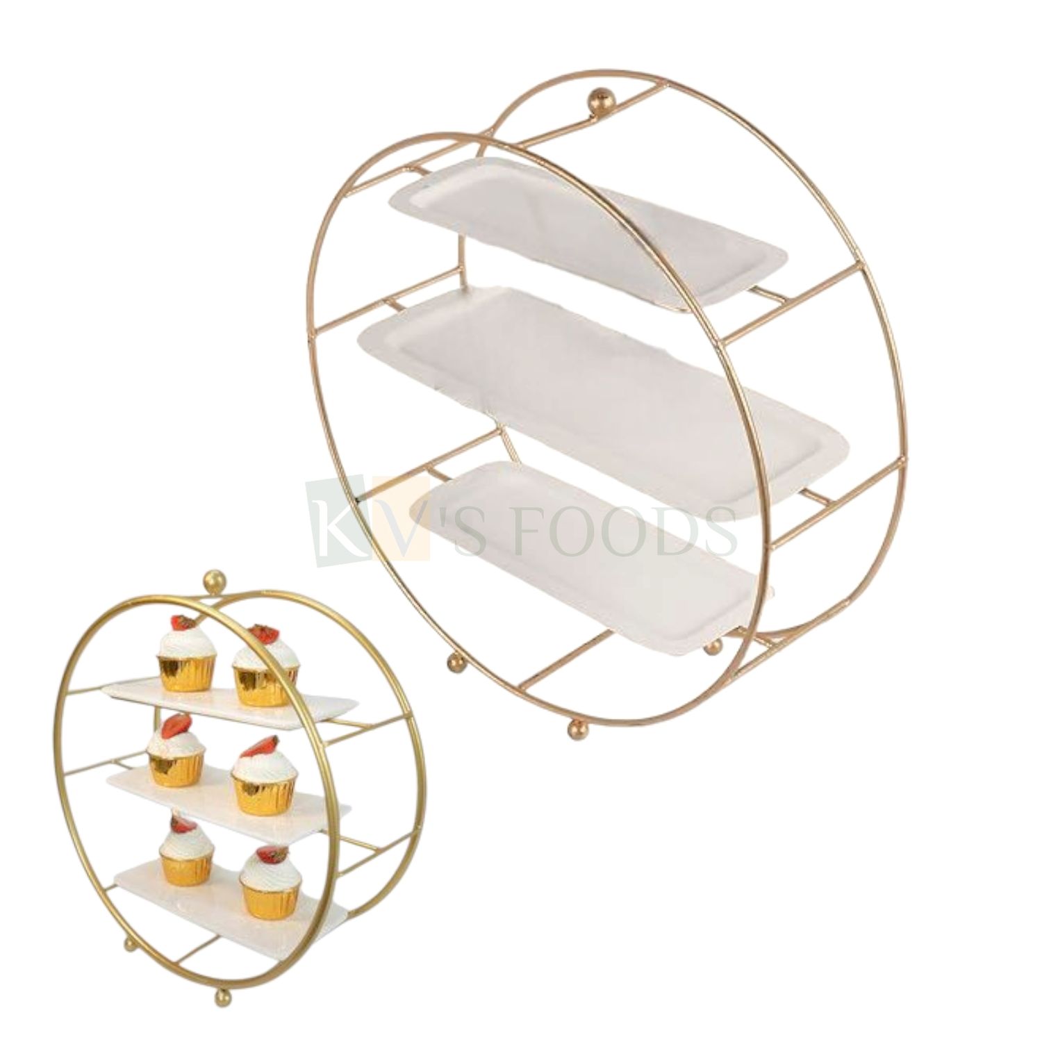 1 PC Golden Height 17.2 Inch Metal Round Cupcake Holder Stand With 3 Tier Plates, Muffins, Desserts, Pastry Snack Holder, Display Serving for Birthday, Baby Shower Wedding Reception Events Party Decor