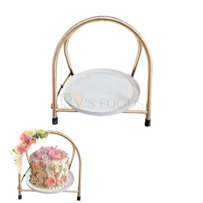 1 PC Golden Height 10.7 Inch Iron Metallic U Shape  Arch Cake Stand, Round White Base, Server For Birthday, Wedding, Anniversary, Dessert Display, Centerpiece, Tableware, Metal Stand, Cake Decorations