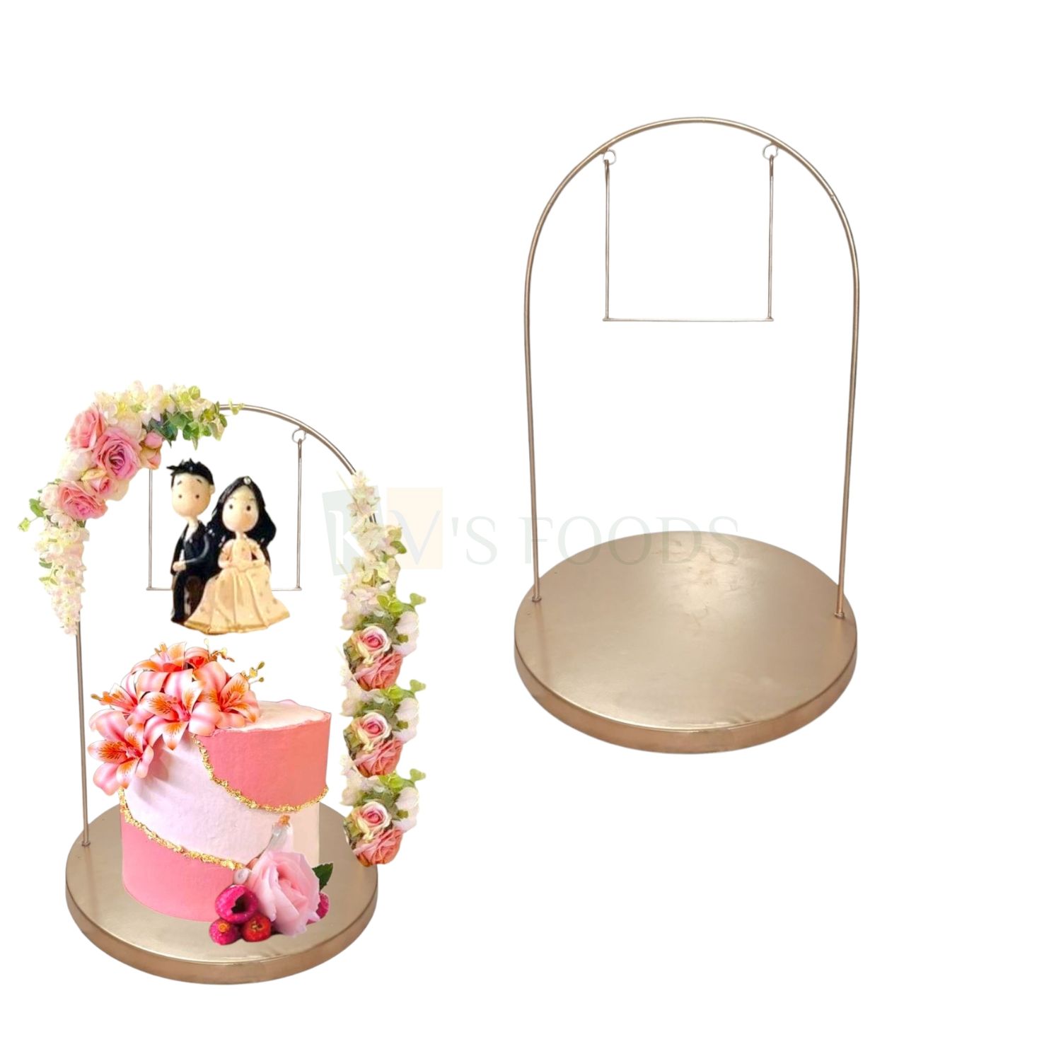1 PC Golden Colour Height 19 Inch Iron Metallic U Shape  Arch Cake Stand With Hanging Swing, Round Base, Server For Wedding, Anniversary, Tiered Layered Cakes, Centerpiece Tableware Cake Decorations