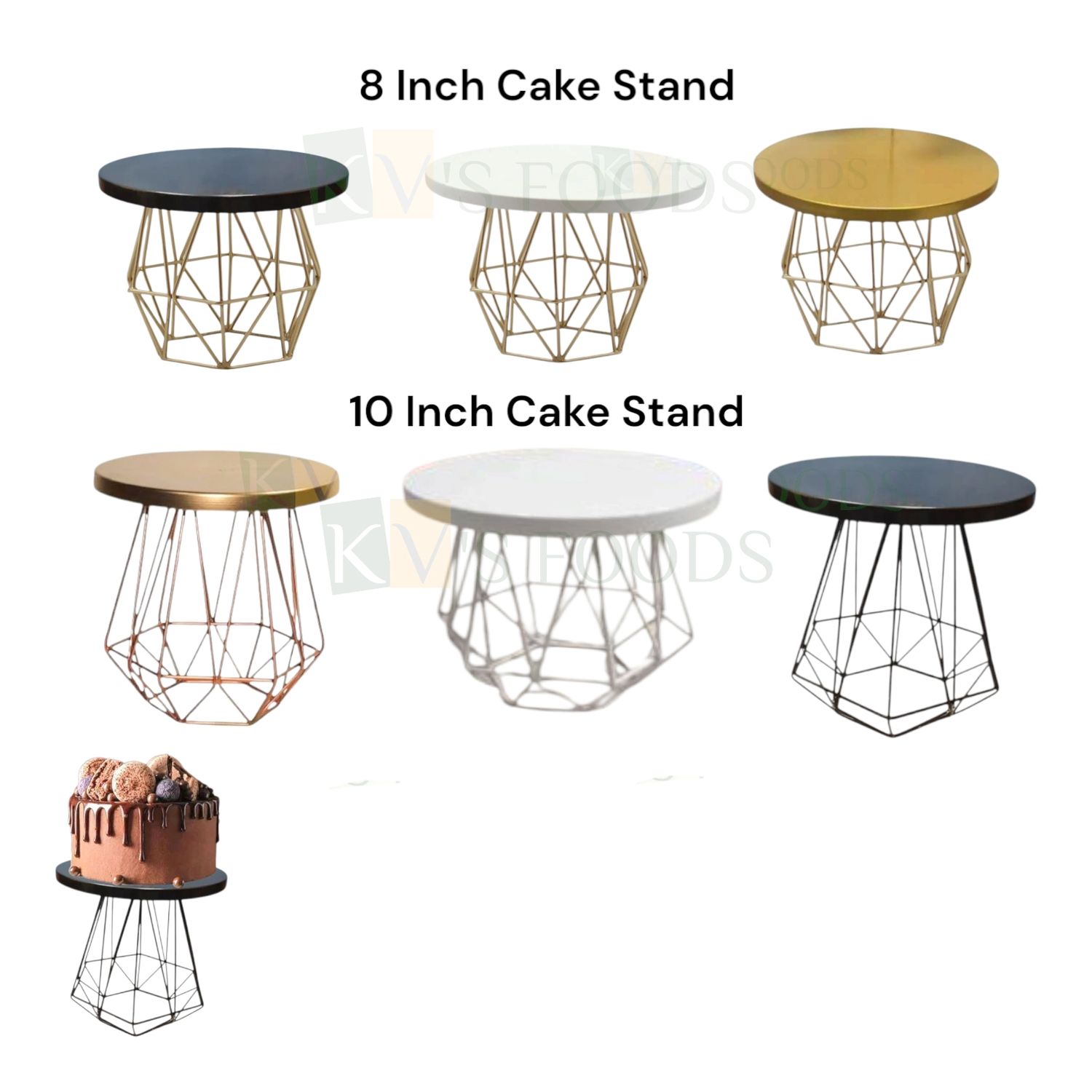 Geometric Heavy Cake Stand with Top Disc Diameter 8/10 Inch, Golden/ White/Black Colour, Desserts Cupcakes Pastry, Display Serving Platters for Parties Wedding Birthday Events Table Decorations