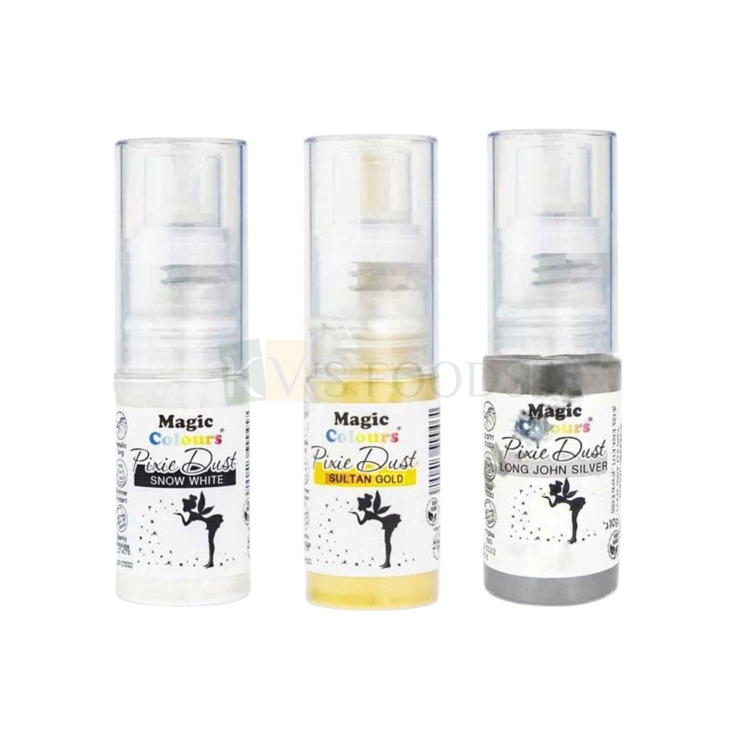 10 Gram Pixie Dust Spray Magic Colours, Snow White/Sultan Gold/Silver Colour, 100% Edible dust over Chocolate, Sugar Flowers, Cream Cakes, or any icing and create a metallic sparkle in seconds