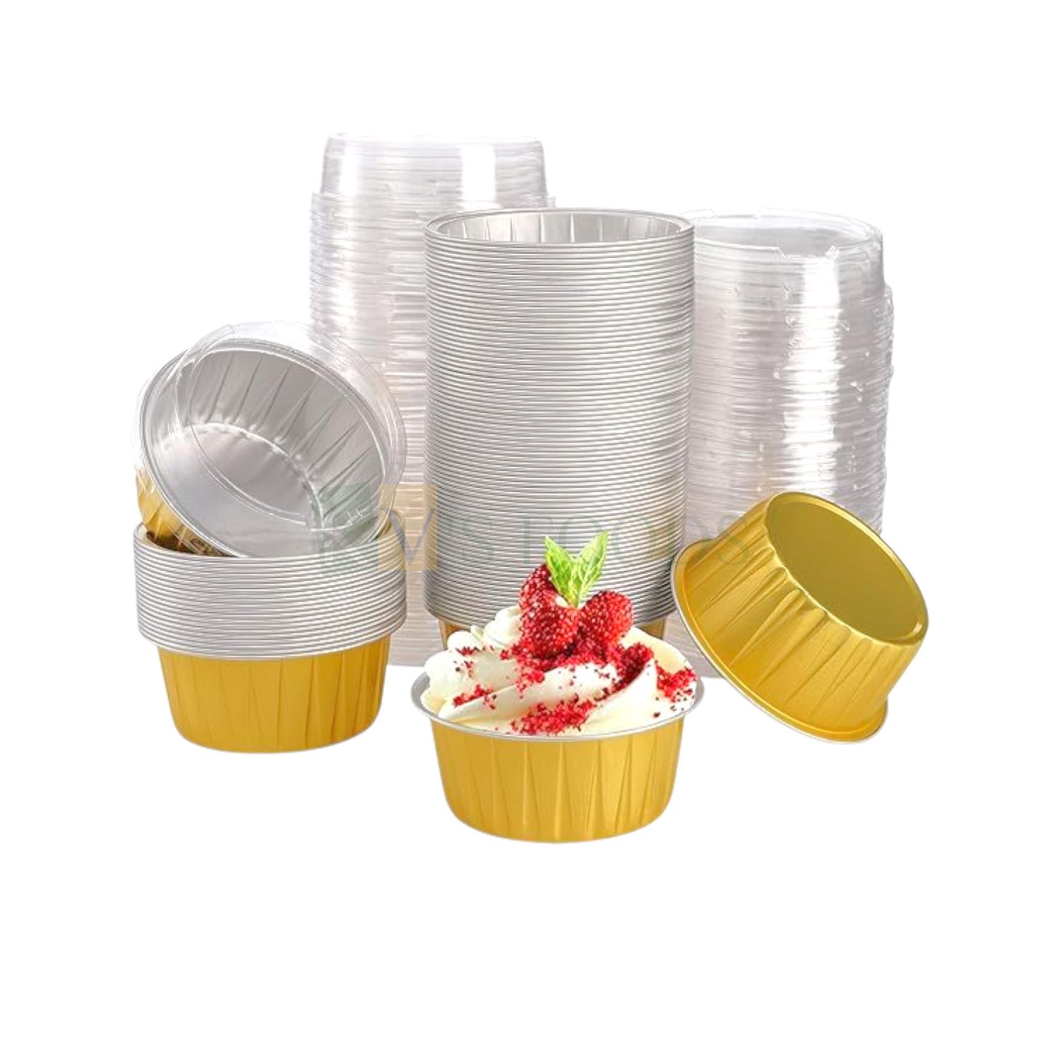 10 PCS Set, 150ML/5Oz, Golden Foil Disposable Cupcake Liner With Lids, Bake &amp; Serve Pan, Aluminium Foil Baking Cups for Cupcakes, Mousses, Pudding Containers, Heat Resistant for Muffins, Creme Brulee