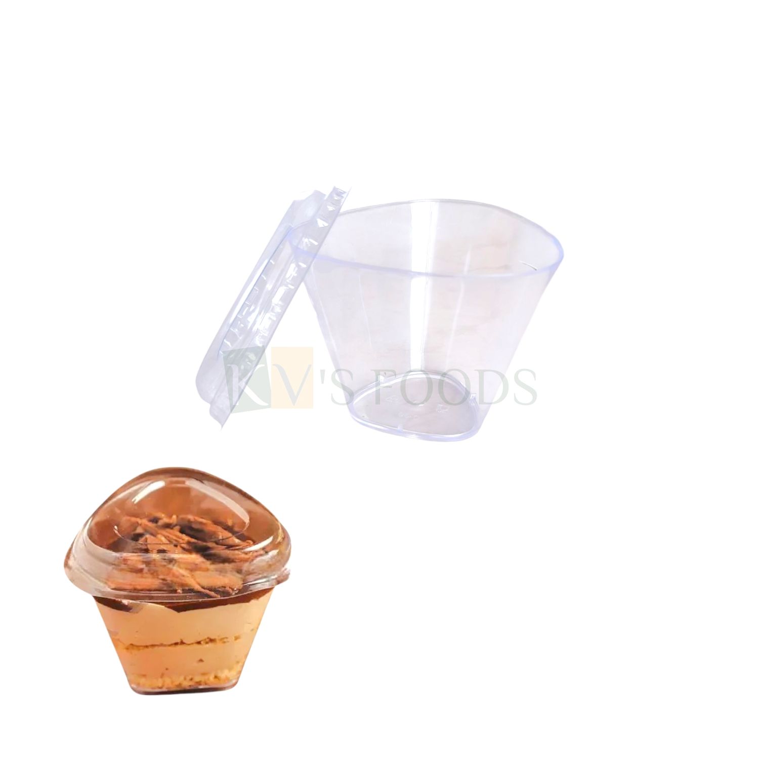 10 PCS (D-39) Size 3.1 x 3.1 Inch Height 2.8 Inch Capacity ~ 140 ML Triangle Acrylic Mousse Dessert Glass With Lid, Multi-Purpose Clear Transparent, Reusable, Pudding, Glass Cakes, Desserts Soft Drink
