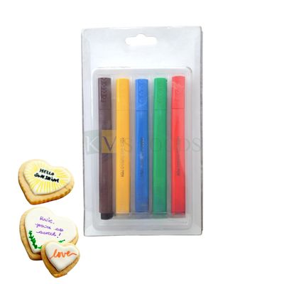 5 PCS Multicoloured Edible Marker Pen for Cakes, Cookies Food Decorating Pen, Brown, Yellow, Green, Blue, Red Colours for writing message, names Colouring on Cakes, Wedding Anniversary Fondant Cakes