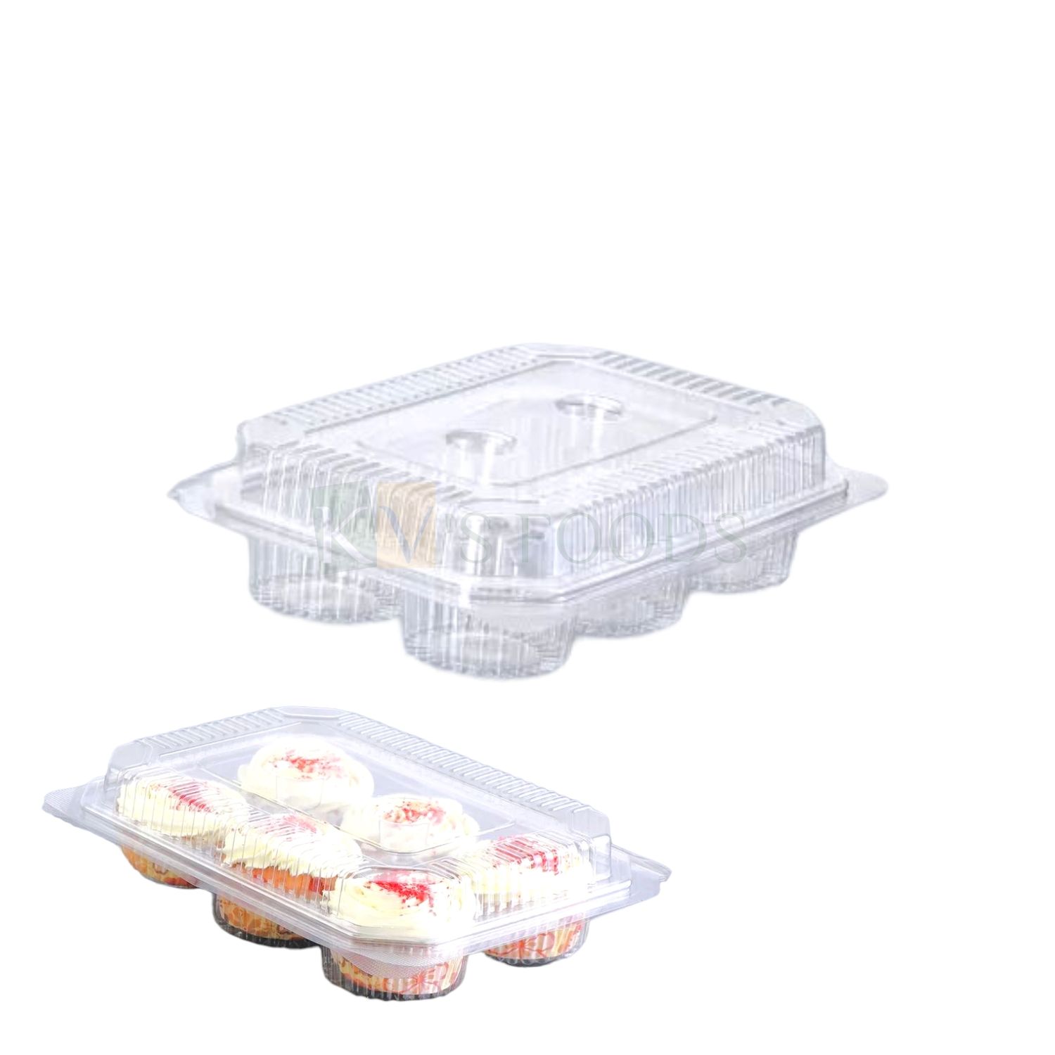 5 PCS Size 8.3 x 6 Inches, Height 2.2 Inches Hinged 6 Cupcakes Rectangle Packaging Container with Dome Lid Bakery Accessories Transparent Deep Round Mithai Sweets Laddus Show Bowl Clamshell Box