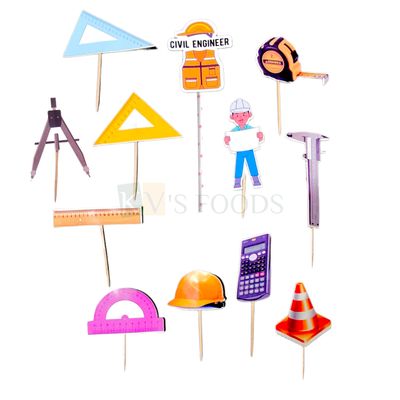 12 PCS Civil Engineer, Construction, Road Survey Instruments Tape, Tools Scales, Cake Topper Insert Cupcake Toppers for Boys Father&#39;s Birthday Decorations Items Cake Accessories Toothpicks Toppers