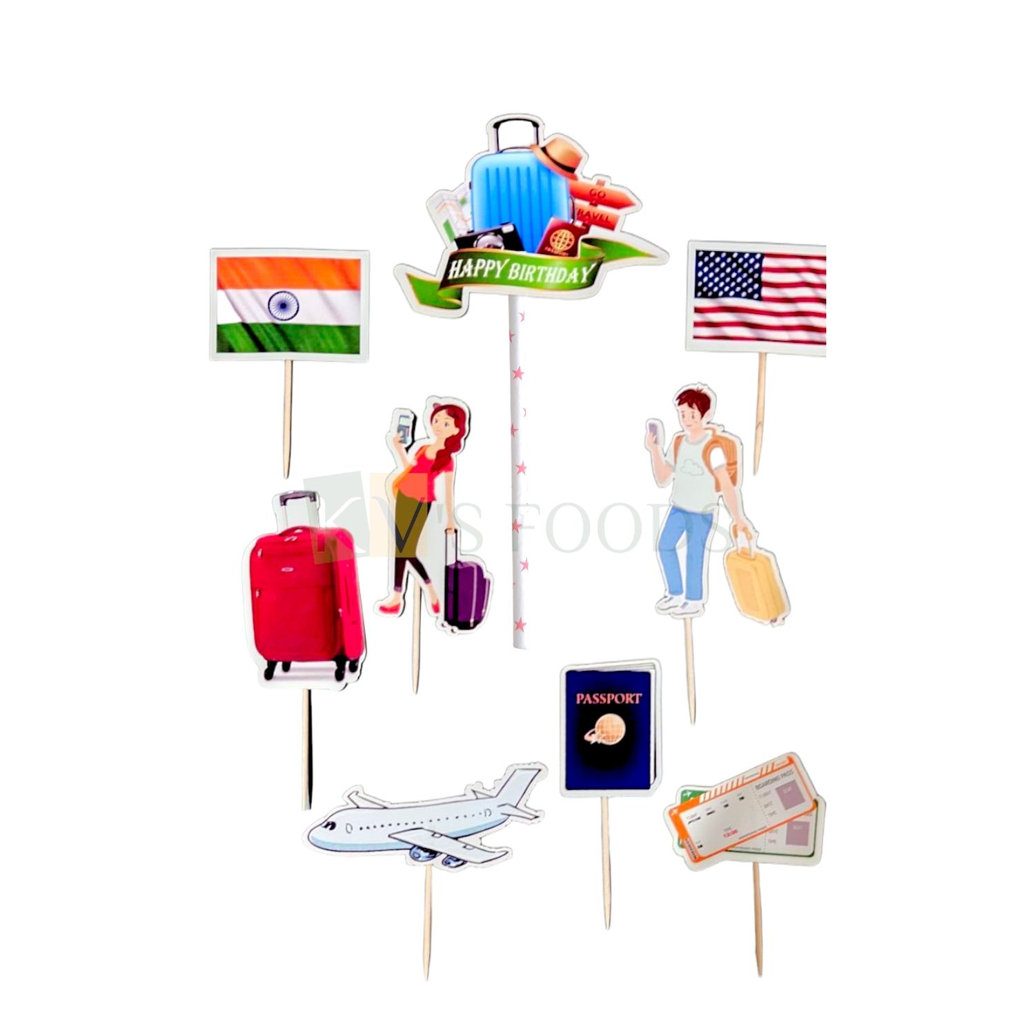 9 PCS Traveling, Abroad, Holiday Fun, Vacation Tourist, Passport Airplane Theme, Cake Topper Inserts, Paper Cutouts, Birthday Decorations Items, Cake Accessories, Tags, Cards, Cupcake Toothpick Topper