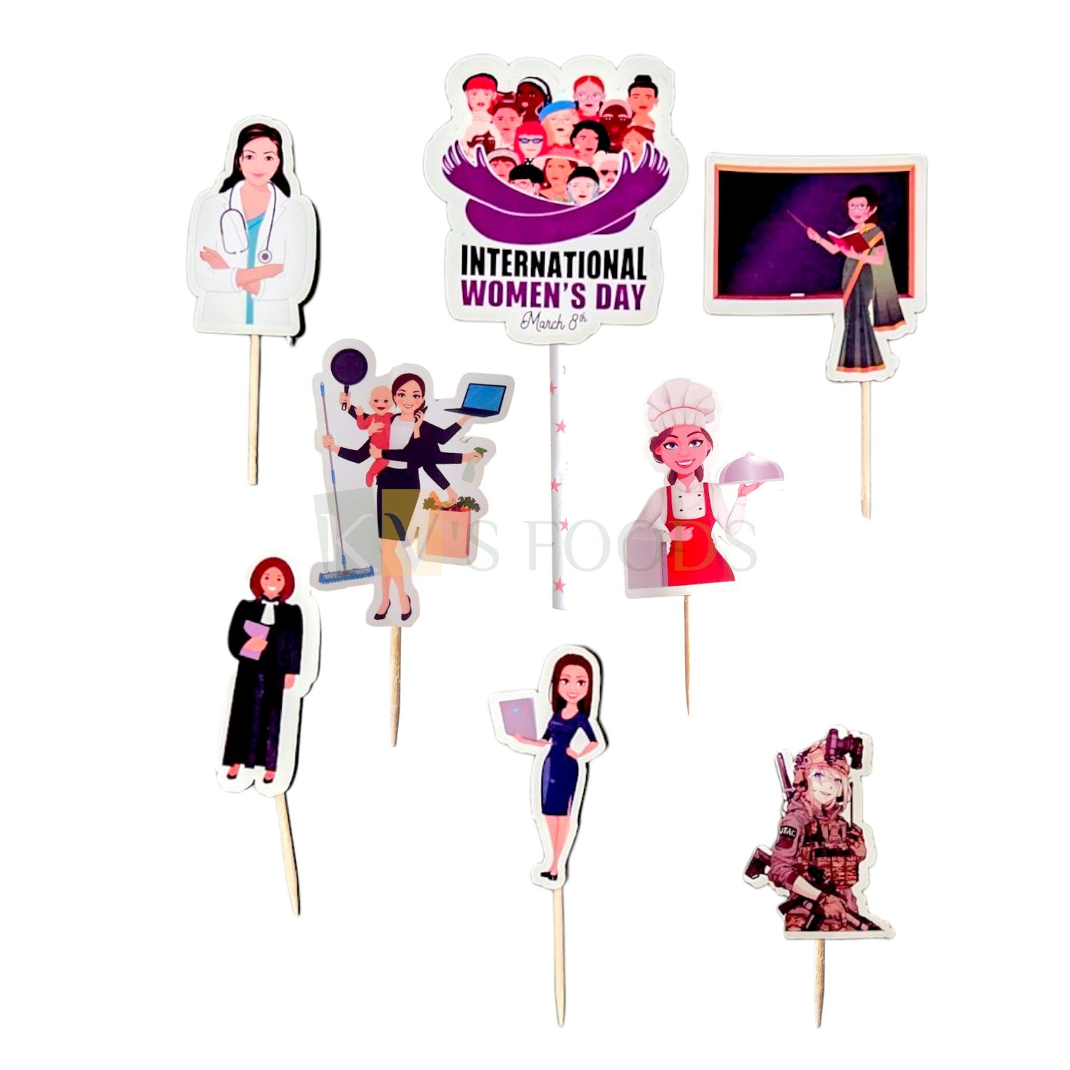 8 PCS Happy International Women Days, 8th March, All Rounder Teacher, Chef, Doctor, Soldier, Working Mom, Theme Cupcake Toppers Inserts, Paper Cutouts, Tags, Banner, Cards Cake Toothpick Toppers