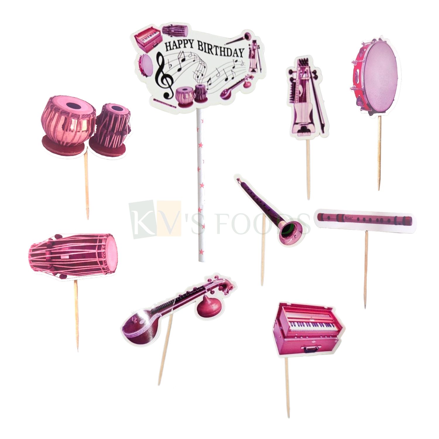 9 PCS Music Instruments Harmonium, Flute, Tabla, Sitar, Horn Theme Cake Topper Inserts, Cupcake Toppers, Paper Cutouts,  Birthday Decorations Items Cake Accessories, Tags, Cards, Toothpicks Topper