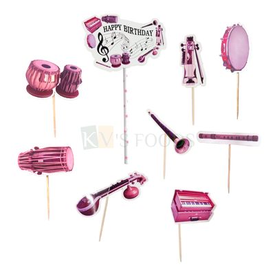 9 PCS Music Instruments Harmonium, Flute, Tabla, Sitar, Horn Theme Cake Topper Inserts, Cupcake Toppers, Paper Cutouts,  Birthday Decorations Items Cake Accessories, Tags, Cards, Toothpicks Topper