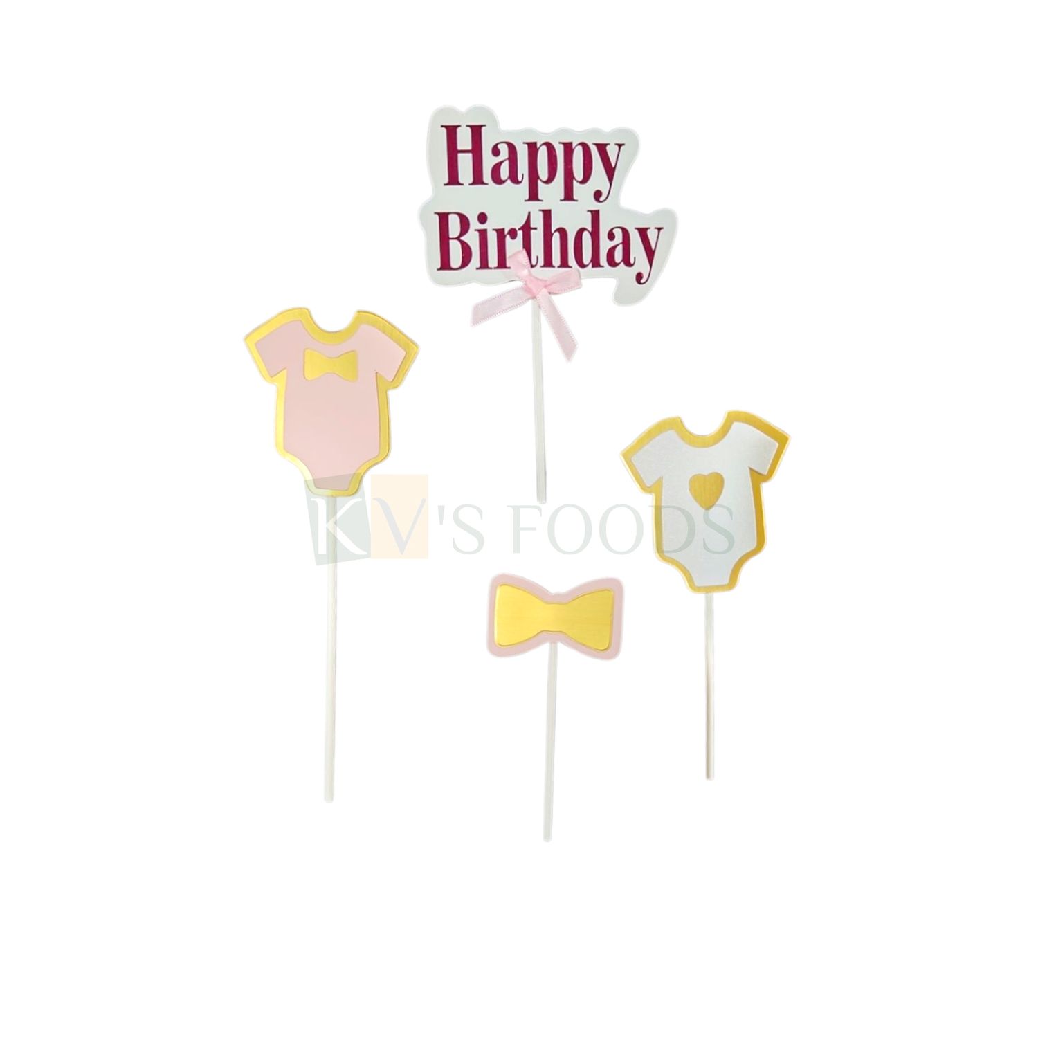 4 PCS Baby Pink Baby Shower Cake Toppers, Kids Girls Happy Birthday Banner, Baby Girl Clothes, Shirt, Bow, Cake Insert Paper Cutouts, Cake Topper DIY First Birthday Cake Decorations Accessories