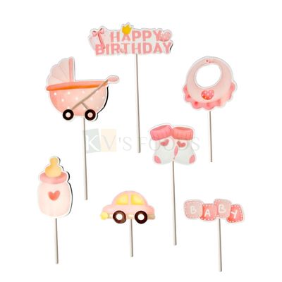 7 PC Pastel Peach, Baby Shower Cake Topper New Born Girls Welcome Ceremony Party Cake Inserts, Happy Birthday Banner, Cradle, Bib, Car Toy, Milk Bottle, Socks, Baby Letters Cupcake Toppers Decorations