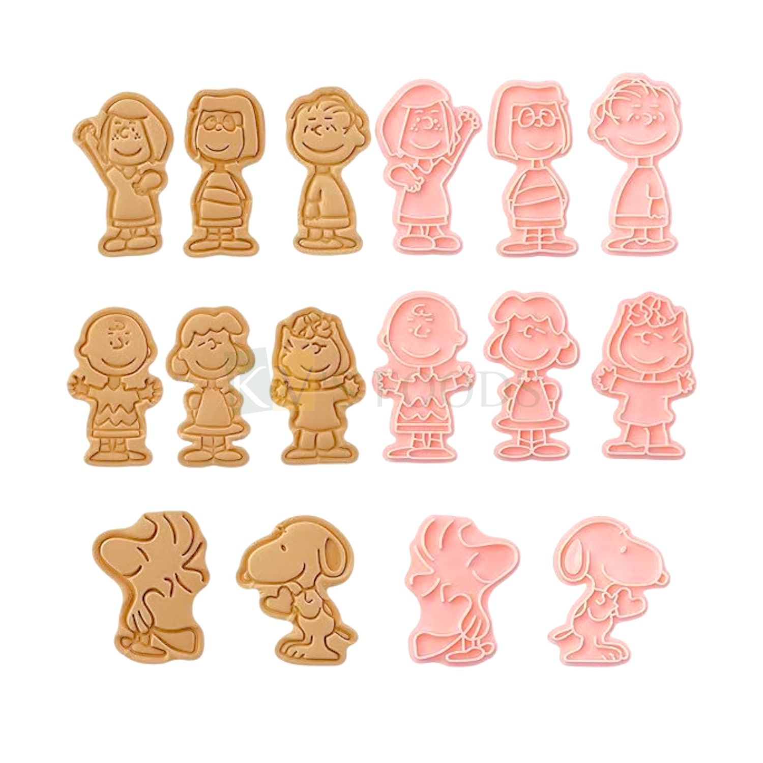 8 PCS Pink Snoopy Cartoon Characters Woodstock, Charlie Brown, Snoopy Linus, Lucy Fondant Cutters Plungers Set Cake Mould, Chocolate Pancake, Biscuits, Cookies Stamps, Kids Girls Boys Birthday Theme