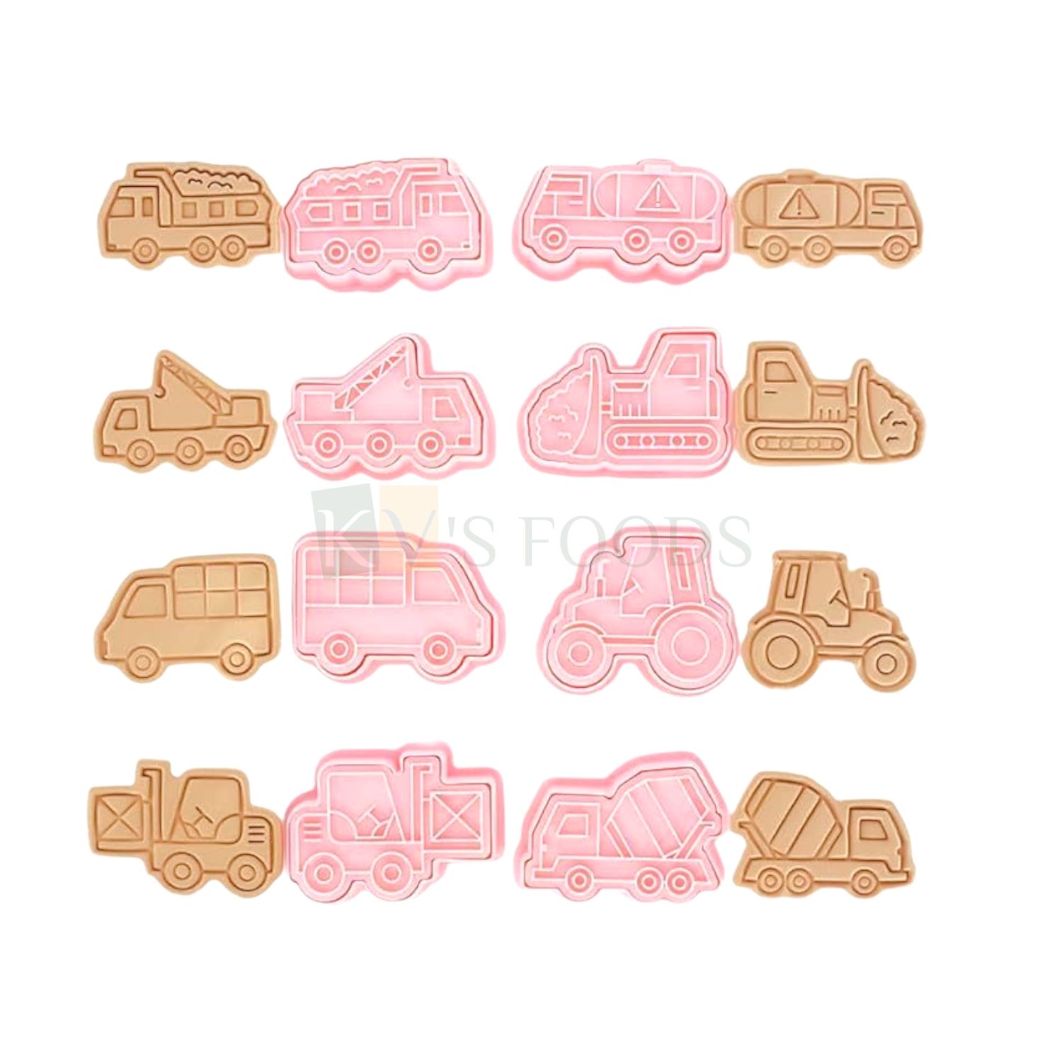 8 PCS Pink Construction Vehicles Fondant Cutters, Tempo Truck, Mixer, Crane, Road Roller, Dumper Plungers Set Cake Mould, Chocolate Pancake, Biscuits, Cookies Stamps, Kids Boys Birthday Theme Decor