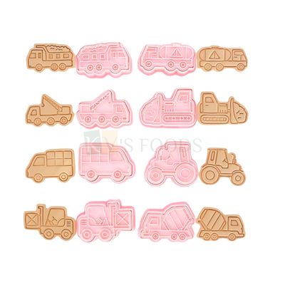 8 PCS Pink Construction Vehicles Fondant Cutters, Tempo Truck, Mixer, Crane, Road Roller, Dumper Plungers Set Cake Mould, Chocolate Pancake, Biscuits, Cookies Stamps, Kids Boys Birthday Theme Decor