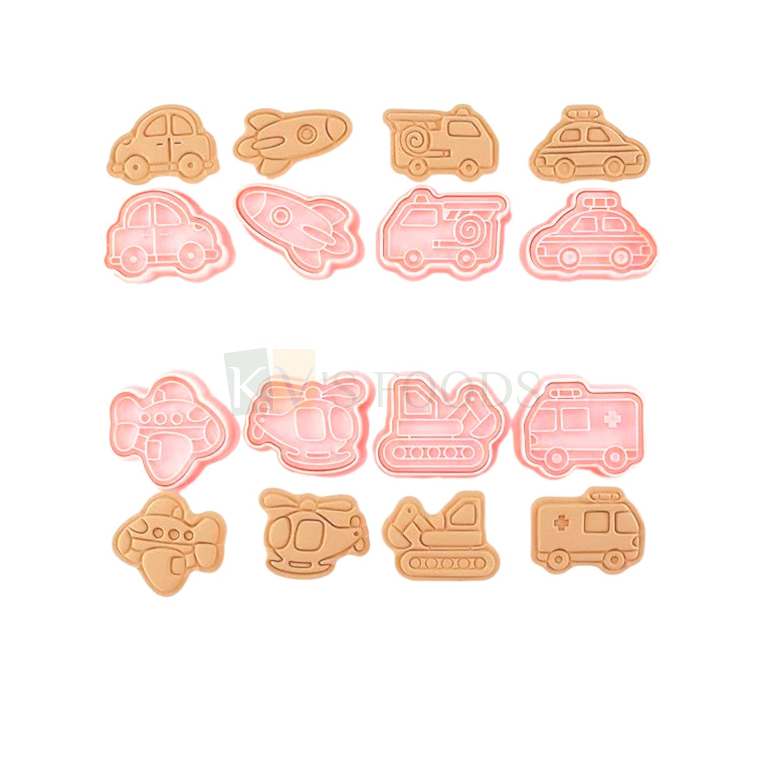 8 PCS Pink JCB, Ambulance, Car, Jet, Airplane, Aeroplane, Helicopter, Taxi, Vehicles Fondant Cutter, Plungers Set Cake Mould, Space Theme, Chocolate Pancakes, Biscuits Cookies Stamps, Kids Boys Theme