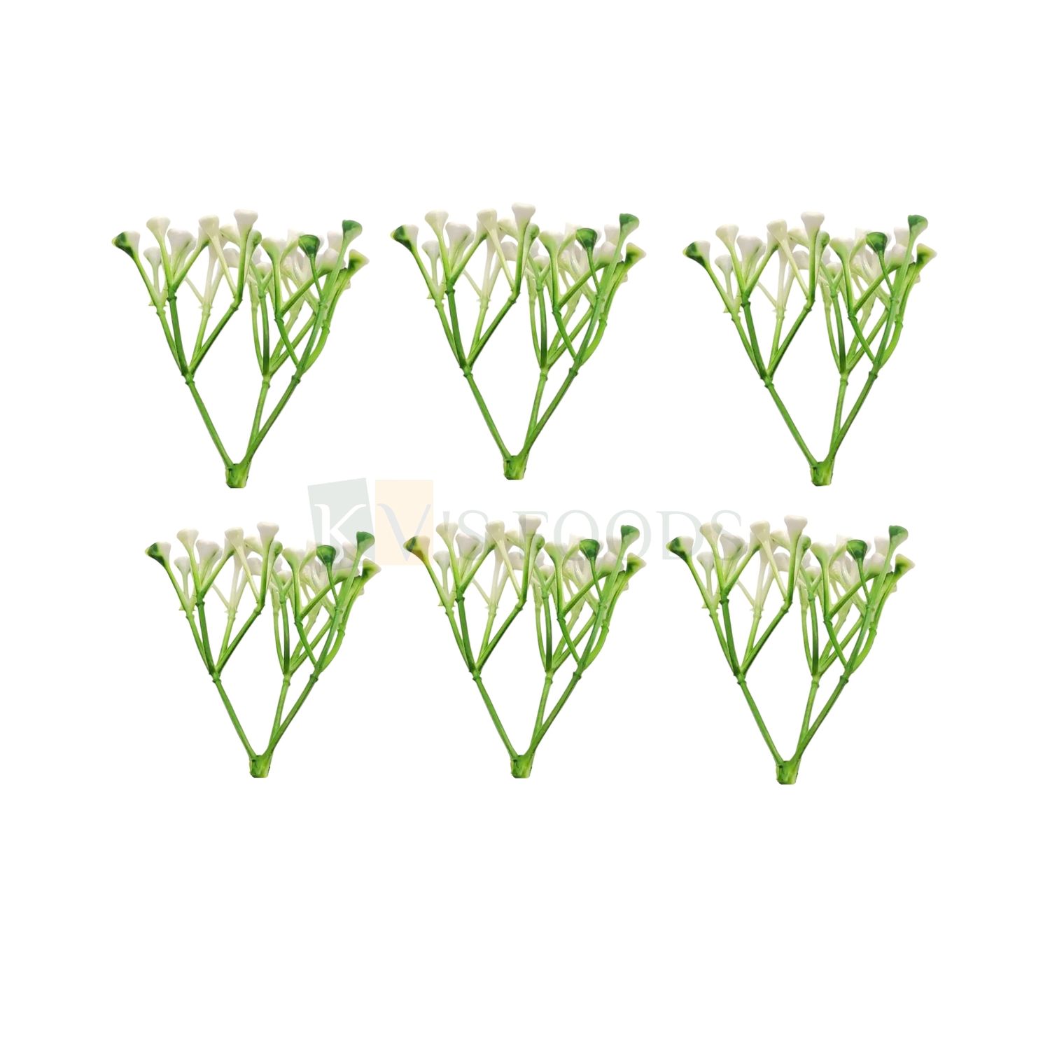 ~6 PCS Non-Edible Green White Buds Plastic Plant Stem Small Branch, Length ~2 Inch, Spring, Garden Theme, Artificial Grass, Christmas Wedding Birthday Cake Toppers, Inserts, Bouquet Vase Decorations