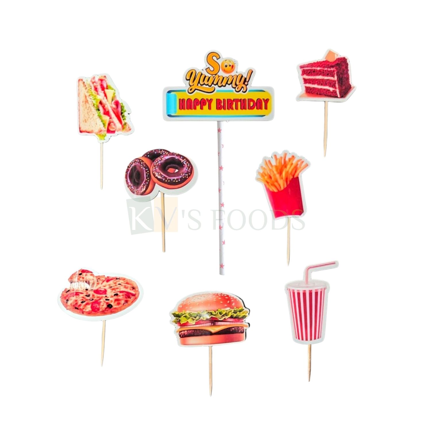 8 PCS Fast Food Cake Toppers, Pizza, Burger, French Fries, Pastry, Sandwich, Beverages, Coke, Drinks Paper Cutouts, Cupcake Inserts, Tags, Banner, Cards Cake Toothpick Inserts, Kitty Party Theme