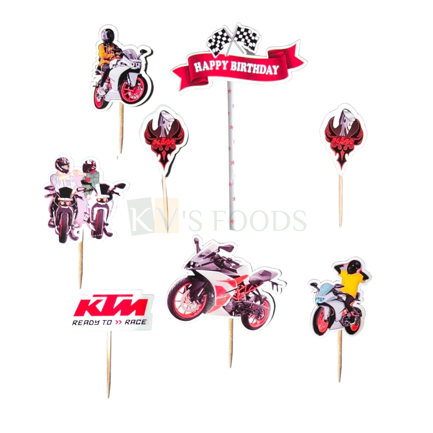 8 PCS KTM Theme Cake Toppers, Sports, Racing Bike, Motorcycle, Kids Boys Happy Birthday Banner, Cake Accessories, Tags, Banners, Cards, Toothpicks Inserts, Paper Cutouts