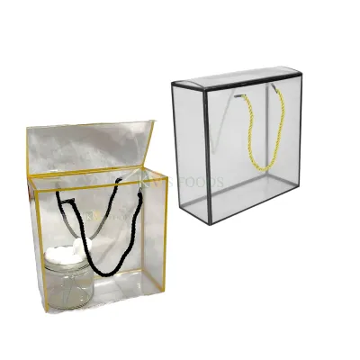 5 PC Size 8x8x3.6 Inch Clear Jar Boxes Multipurpose Transparent Black and Golden Border Hamper Box with Rope Handle , Carrier Bag for Dryfruits Jar Cake Boxes, Container Boxes DIY Festival Gift Box