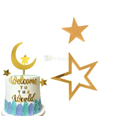 10 PCS Acrylic Gold Shiney Mirror Solid and Outline Large Stars Combination Cake Topper, Baby Shower, Birthdays, Sports, Awards Theme Cake Decoration Accessorises, DIY Cake Decorations