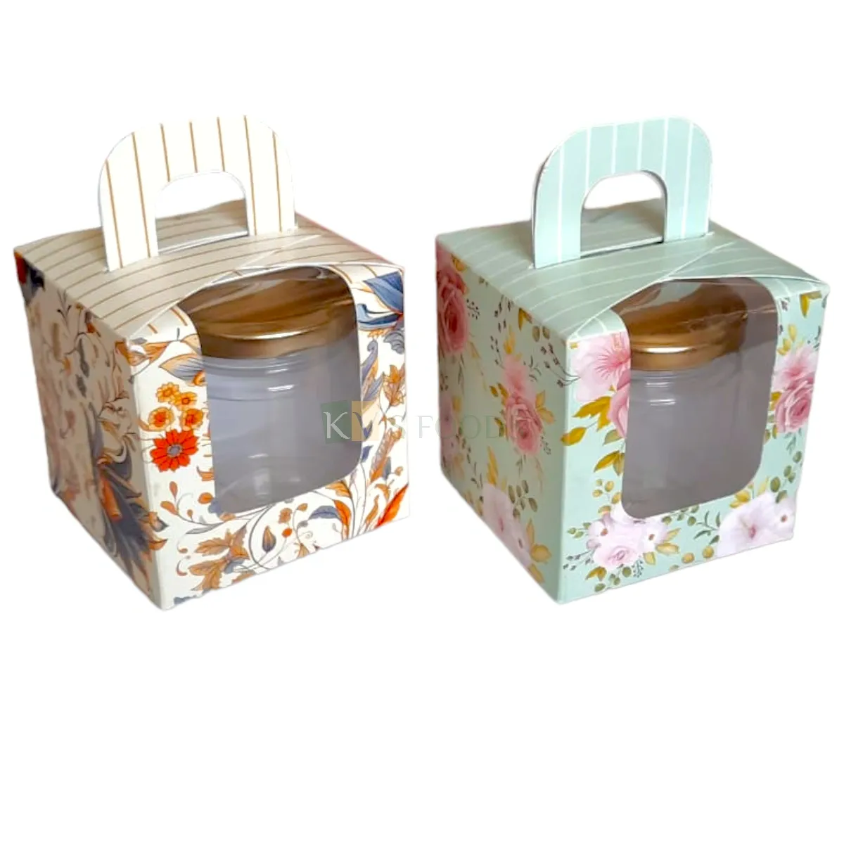 5PC Set of Multipurpose Floral Design 1 Jar Cube Box With Transparent Window Size 3.5*3.5*5.3 Inch for Chocolates, Dry Fruits, Muffins, Cookies, Cupcake, Mini 1 Bottle Upto 350 ML Folding Box