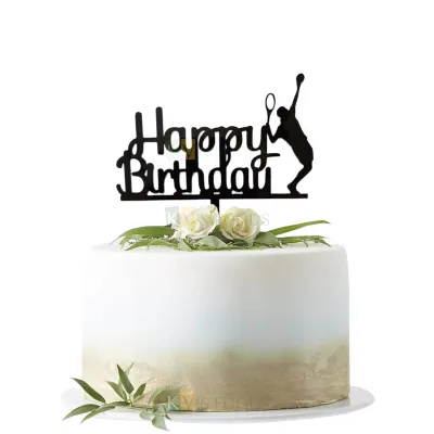 1PC Black Acrylic Happy Birthday Letters with Tennis Player Racket and Ball Topper, Kids Sports Cake Topper Sporty Tennis World Cake Insert Sports Themed Celebration Silhouette DIY Cake Decoration