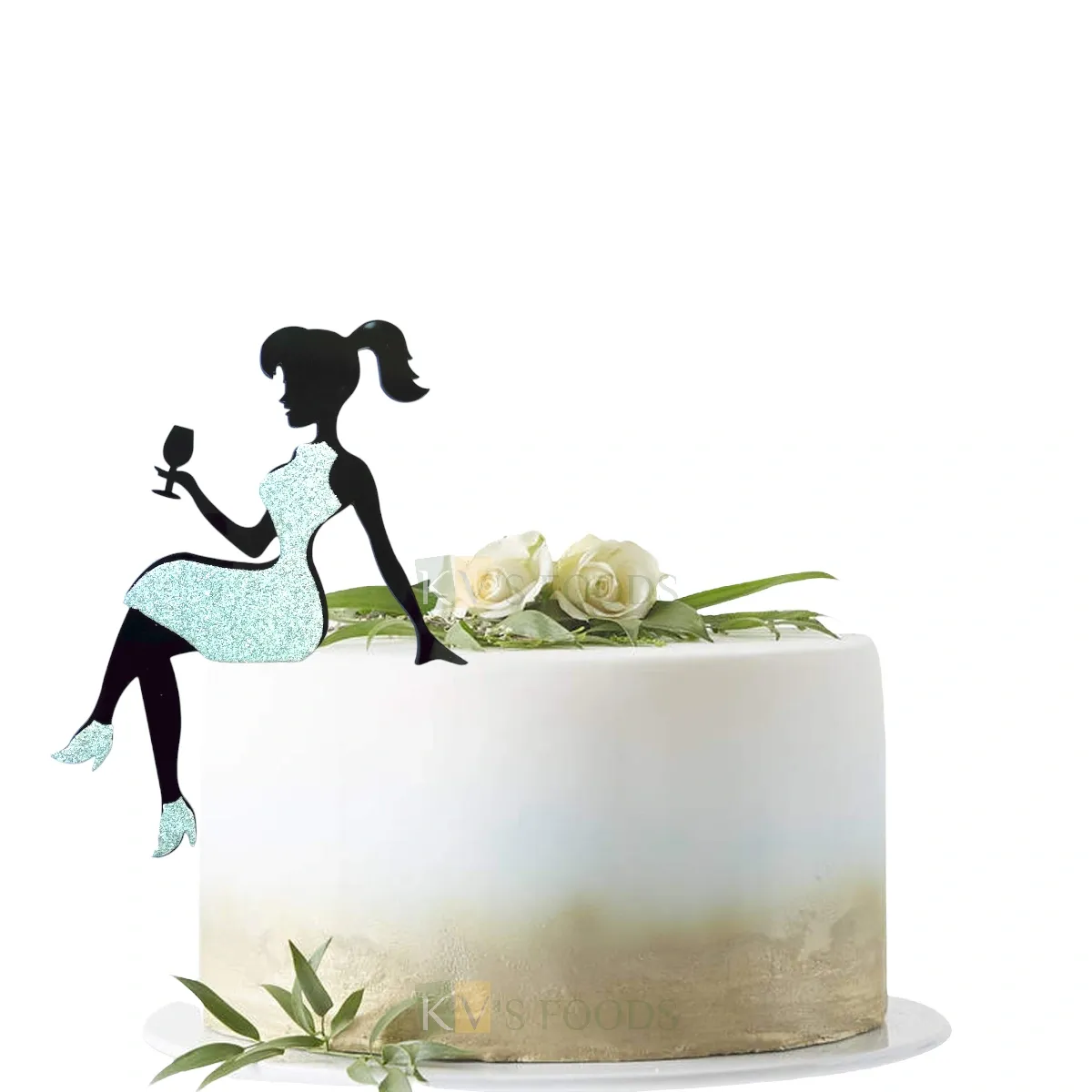 1PC Black Acrylic Beautiful Sitting Girl with High Heels Sandals and Glass Silver Shiny Dress Sandals Cake Topper, Girl Birthday Themed Silhouette Cake Insert, Lady Woman Theme Cake Topper Decorations