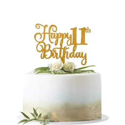 1PC Golden Shiny Glitter MDF Happy 11th Birthday Letters Cake Topper, Girl Boy 11 Years Old Happy Birthday Cake Glitter Insert, 11 Number Theme Cake Topper Unique Elegant Font Design Cake Decoration