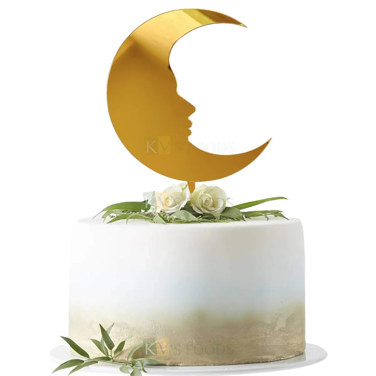 1PC Golden Acrylic Shiny Glass Finish Big Moon Cake Topper, Kids Happy Birthday Cake Toppers, Childrens Moon Theme  Birthday Party Cake Insert, DIY Cake Decoration