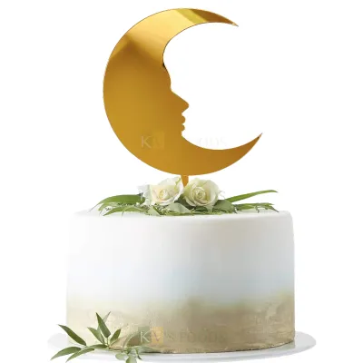 1PC Golden Acrylic Shiny Glass Finish Big Moon Cake Topper, Kids Happy Birthday Cake Toppers, Childrens Moon Theme  Birthday Party Cake Insert, DIY Cake Decoration