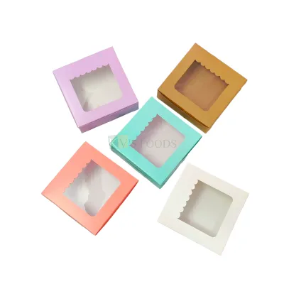 5 PC Set of 4 Brownie Pastel Colour Transparent Window Box Size 6*6 Height 2 Inch for Cookies, Chocolates Doughnuts, Finger Food Bakery Pacakging DIY Mini Gift box