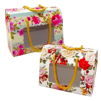 10 PC Set of Floral Folding Bag Jar Box Size 5*6*3.5 Inch For Gifting Chocolate, Greeting Cards, Sweets, Laddu, Dryfruits, Candies, Jewellery Storage Box, 2 Jar Holding Paper Bag DIY Festival Gift Box