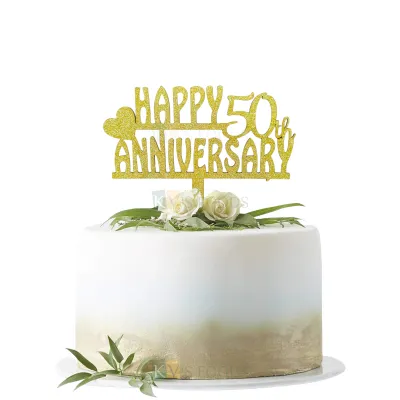 1PC Golden Shiny Glitter MDF Happy 50th Anniversary  Letters With Heart Shape Cake Topper, 50 Number Anniversary Theme Cake Glitter Insert, Unique Elegant Font Design DIY Cake Decoration