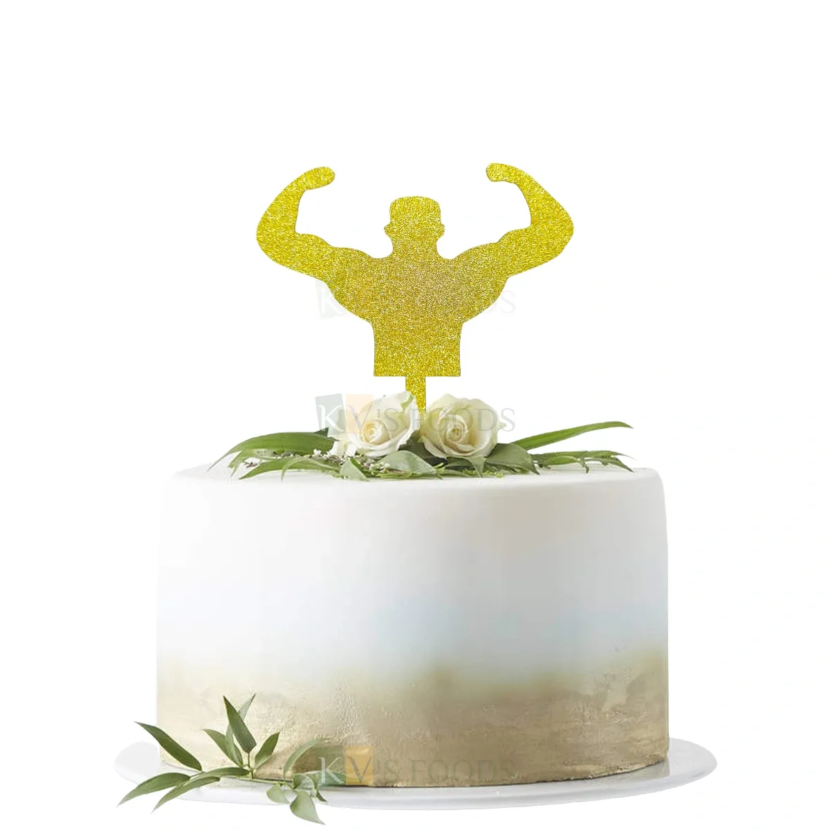 1PC Golden Shiny Glitter MDF Muscle Man Cake Topper, Body Building Theme Birthday Cake Topper Cupcake Glitter Insert Body Builder Man DIY Cake Decorations