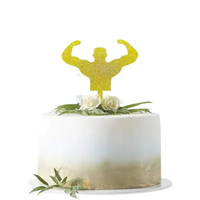 1PC Golden Shiny Glitter MDF Muscle Man Cake Topper, Body Building Theme Birthday Cake Topper Cupcake Glitter Insert Body Builder Man DIY Cake Decorations
