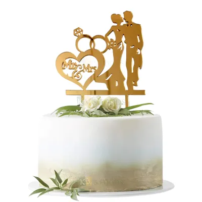 1PC Golden Acrylic Shiny Glass Finish Standing Bride And Groom With Mr &amp; Mrs Inside The Heart Shape With Engagement Rings Cake Topper, Romantic Couples Kissing Cake Insert, Wedding Anniversary Theme