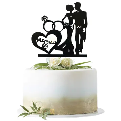 1PC Black Acrylic Standing Bride And Groom With Mr &amp; Mrs Inside The Heart Shape With Engagement Rings Cake Topper, Romantic Couples Kissing Cake Insert, Silhouette Cake Topper, Happy Anniversary