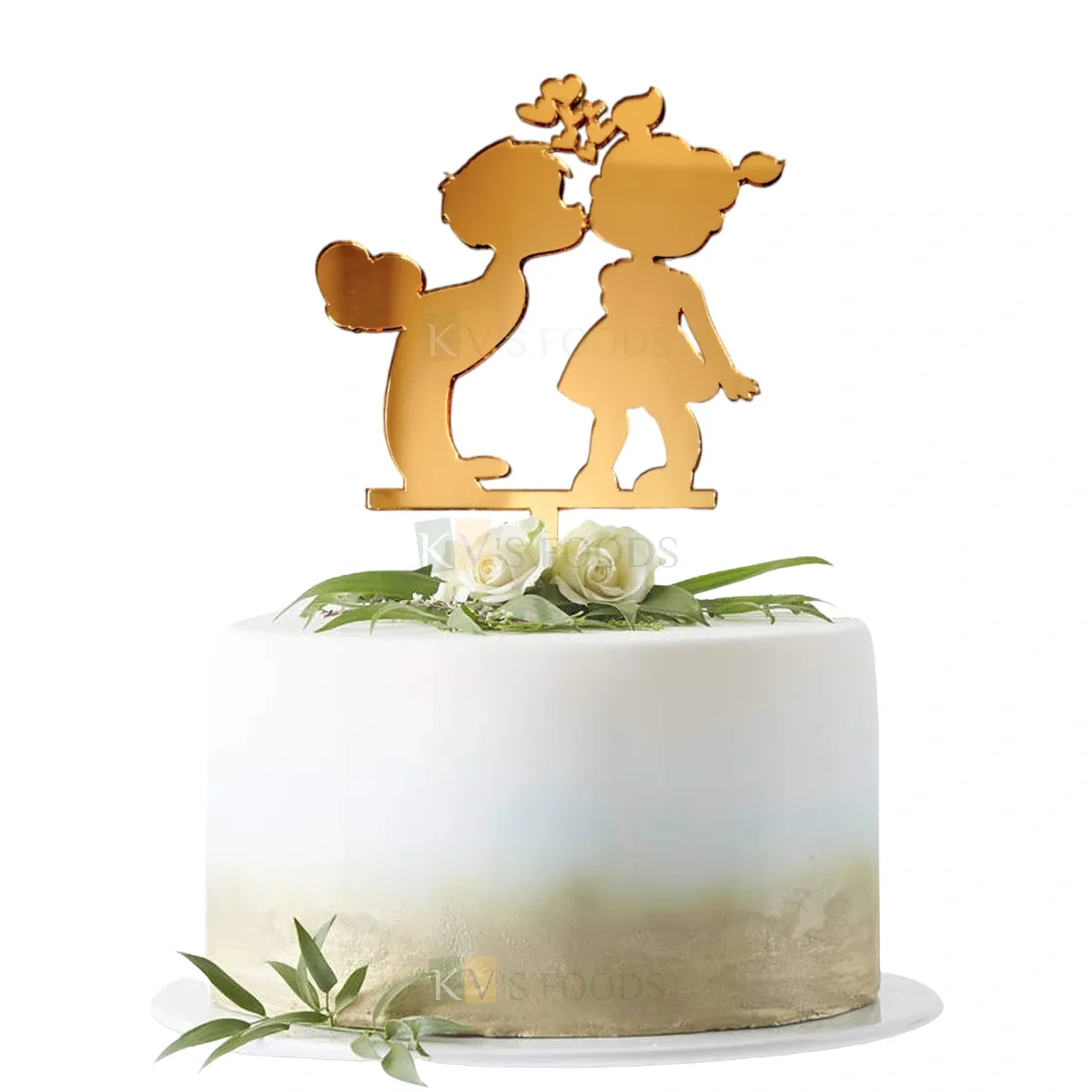 1PC Golden Acrylic Shiny Glass Finish Little Boy Kissing Girl on Cheeks and Hearts Cake Topper, Cute Adorable Romantic Couple Theme Love Valentine&#39;s Cake Insert, Two Kids in Love  Cake Toppers Theme
