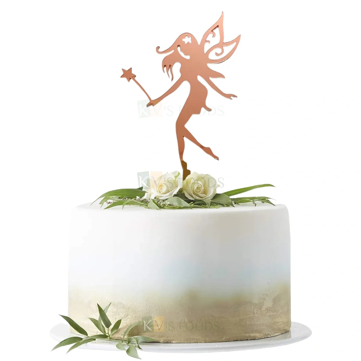 1PC Rose Gold Colour Acrylic Shiny Mirror Finish Flying Fairy Girl With Star Wand In Hand Cake Topper Elf Cake Insert, Kid Girls Theme Happy Birthday Angel Butterfly Wings Topper DIY Cake Decoration