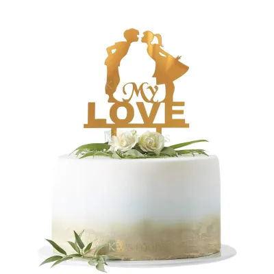 1PC Golden Acrylic Shiny Glass Finish Couple Kissing Each Other My Love Letters Cake Topper, Love Valentine&#39;s Day Theme Cake Insert, Unique Elegant Font Design Cake Topper DIY Cake Decoration