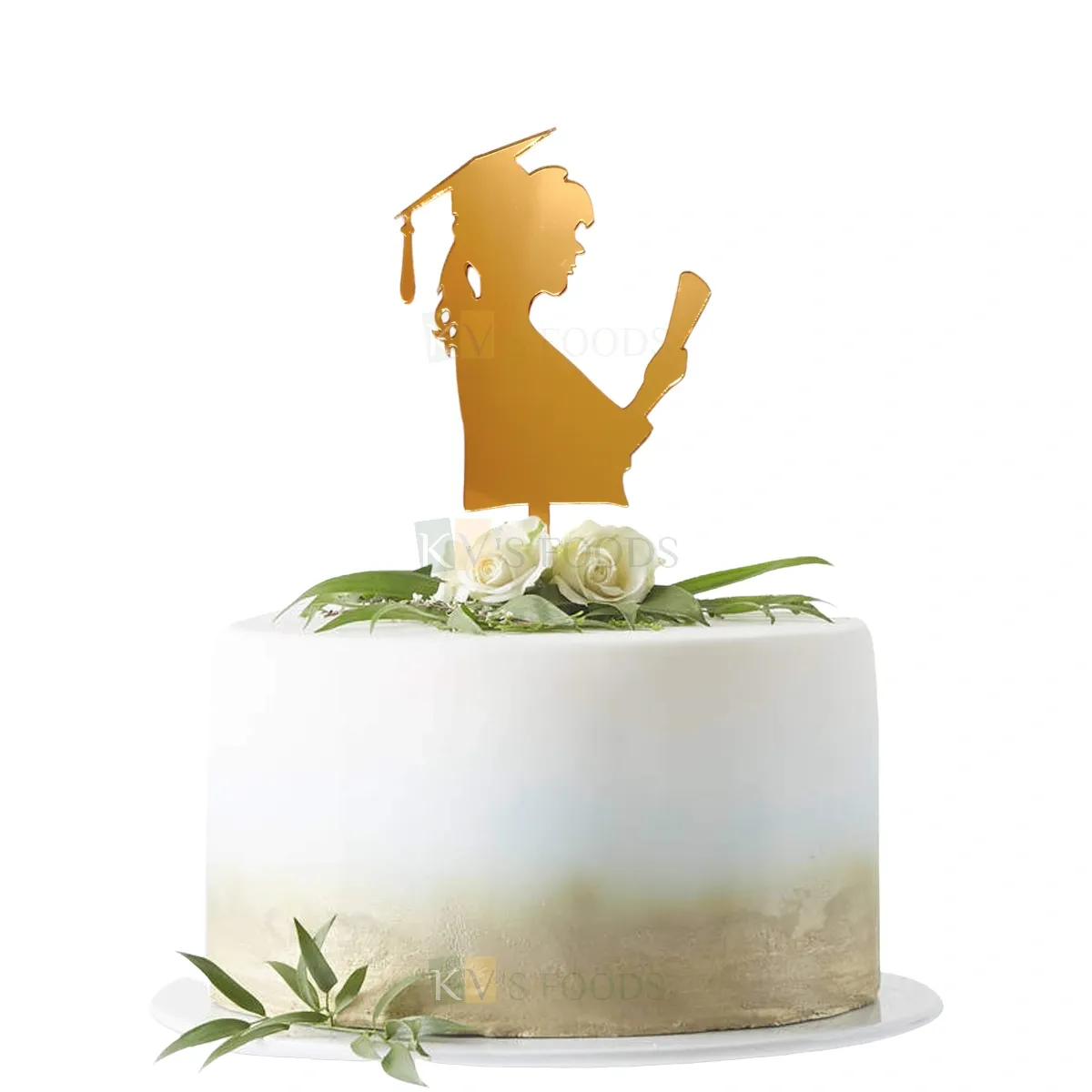 1PC Golden Acrylic Shiny Glass Finish Graduation Student Cake Topper Mortar Board Hat Theme Girl Graduation Completed Themed Cake Insert, Academic Regalia Dress Black Square Hat and Gown Cake Toppers